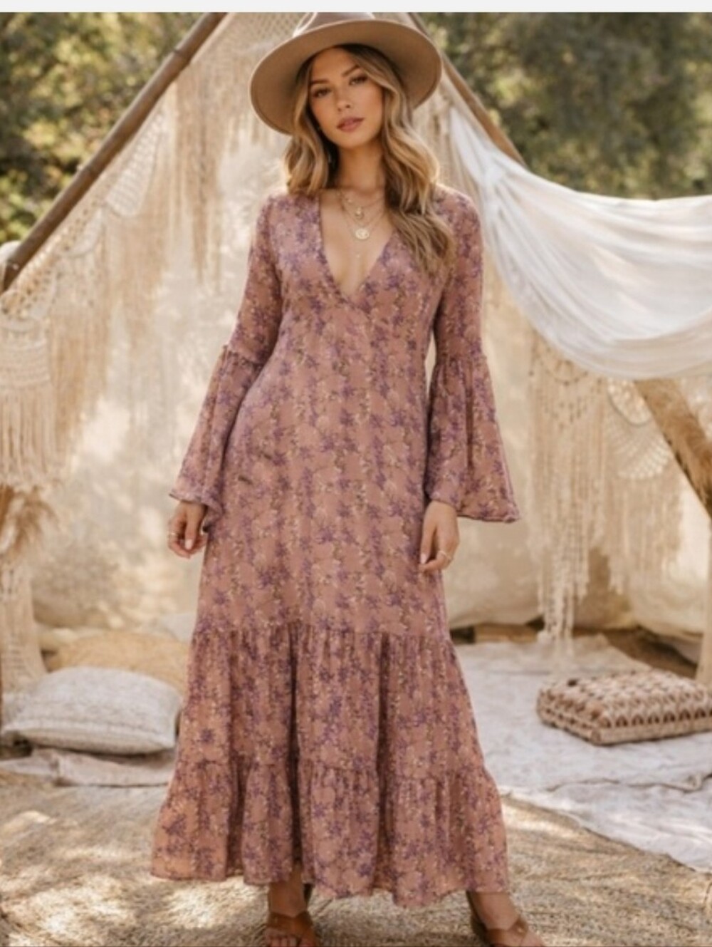 Natural Life Dance With Me Maxi Dress Shell Dusty Pink Floral Print Size Medium
